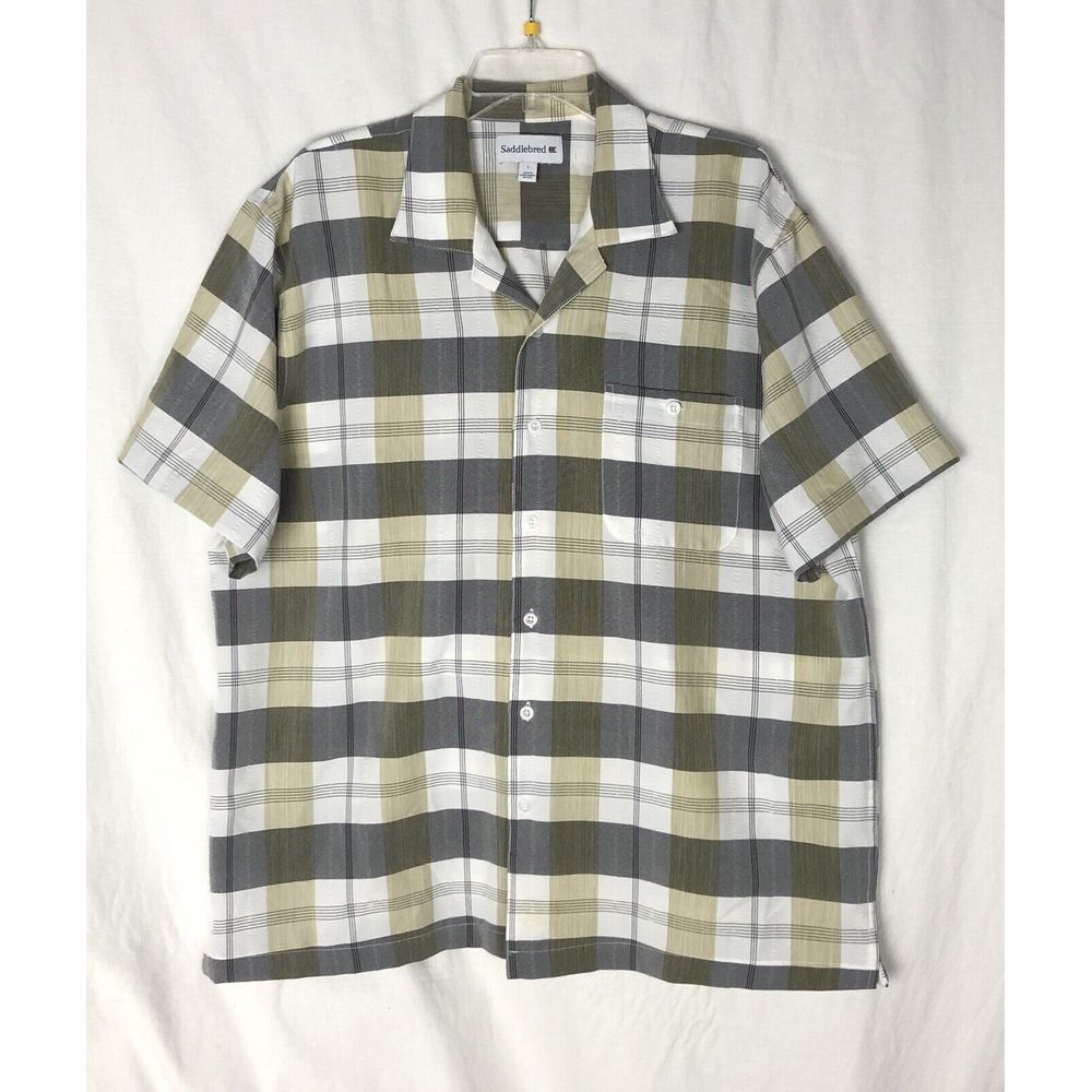 Saddlebred Shirt Mens L Gray  Green Plaid Short Sleeve‎ Button Front